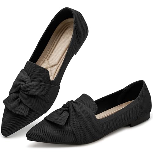 HARENCE Ballet Flats Shoes for Women: Dressy Pointed Toe Knit Flats with Bow Comfortable Walking Shoes for Business Office Black