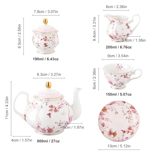 Miniatura 6 de Fanquare Juego De Té De Porcelana Británica De 21 Piezas Con Borde Dorado, Hojas De Otoño Rosas Juego De Café Floral Para Mujeres Fiesta De Té, 6 Tazas De Té Y Platillos Para Café Boda En Casa