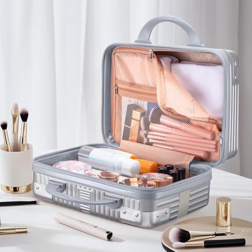 Image of ABS Hard Shell Cosmetic Travel Hand Luggage Portable Carrying Makeup Case Suitcase Organizer Box Vanity Mini Suitcase Small Accessory Bag, 30 cm, No Wheels (Grey)
