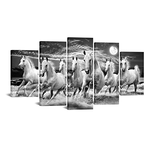 Sechars Seven Running Horse Canvas Wall Art Modern Black And White Animals Under Full Moon Picture Painting Large 5 Panel Artwork For Living Room Office Decoraton Ready To Hang #TOP22