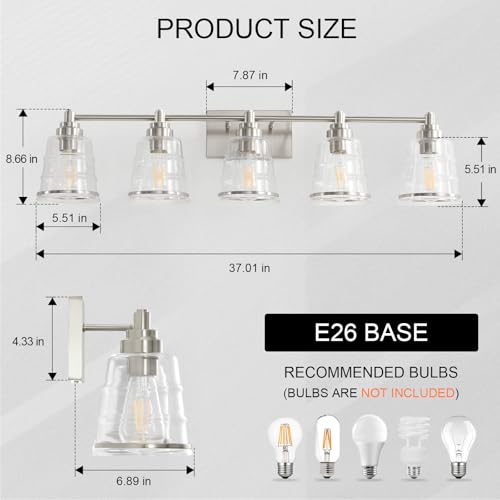 Image of Brushed Nickel Bathroom Vanity Light Fixture, 5 Light Bathroom Light Fixtures Over Mirror with Clear lampshade and Metal Base Sconce, 37 inch Modern Vanity Light for Bathroom(Exclude E26 Bulb)