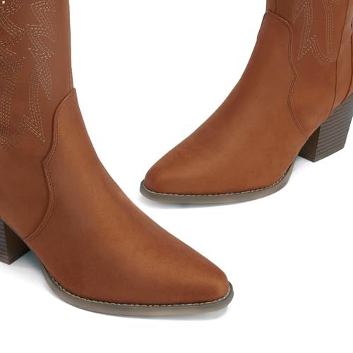 DREAM PAIRS Womens Cowboy Boots Wide Calf Comfortable Pull On Zipper Chunky Heel Pointed Toe Embroidered Western Cowgirl Knee High Boots Ladies Retro Tall Boot,Size 6,Brown,SDKB224W by DREAM PAIRS - Image 5