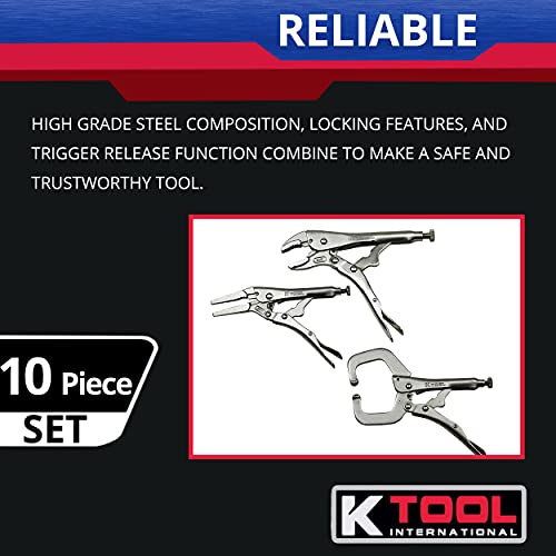 K Tool International 58730 Automotive Vice Grip Locking Straight, Curved Jaw, Needle Nose Plier Set For Garages, Repair Shops, And Diy, Heat Treated Nickel Plated Steel, Organizing Tray, 10 Piece #TOP6