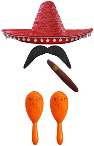 MEXICAN FANCY DRESS ACCESSORY SET. MEXICAN SOMBRERO + MARACAS + TASH. PERFECT FOR MEXICAN FANCY DRESS COSTUMES SENORITA BANDIT MARIACHI (BLACK POM POM SOMBRERO + GREEN AND RED MARACAS)