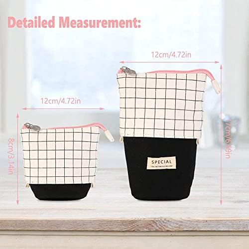 Pencil Case Stand Up Pencil Holder Telescopic Pencil Case Pen Pouch Bag High Storage Case Middle School College Office Organizer for Student Teens Girls Adults (White Grid)