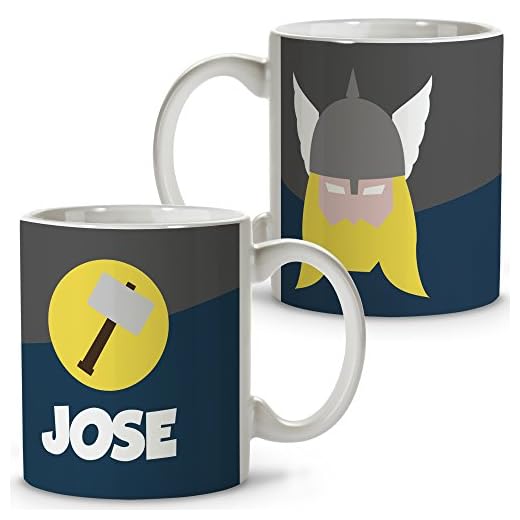 LolaPix Taza Superhéroes Personalizada con Nombre. Regalo Friki. Varios Diseños y Colores Interior. Thor. Taza cerámica 330ml