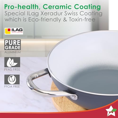Image of Wonderchef Eco-Glide Ceramic Cookware Set, Kadhai & Glass Lid-24cm, Dosa Tawa-28cm, Non-Toxic, Chemical & PFOA Free, Stainless-Steel Handle, Gas /Induction Compatible, Low Oil Cooking, 2-Year Warranty