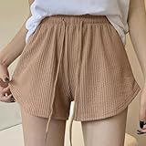 Womens High-Waist Drawstring Wide-Leg Casual Shorts, Loose Fit Polyester Workout Shorts for Women, Black, Gray, Pink, Almond, Brown（Brown） S