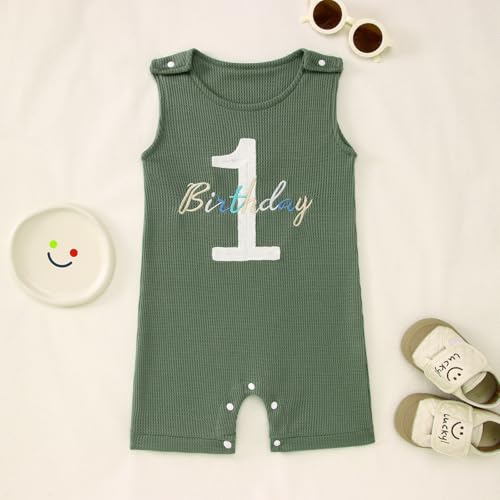 Ritatte Baby Boy 1st Birthday Outfit One Birthday Embroidery Romper Sleeveless Jumpsuit Cute Summer One Year Old Overalls2