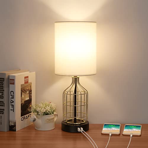 Touch Control Table Lamp with 2 USB Charging Ports, Boncoo 3 Way Dimmable Side Table Lamp with Gold Birdcage Base Modern Nightstand lamp USB Bedside Lamp for Bedroom, Living Room, 6W LED Bulb Included