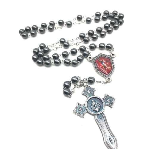 Terço Hematita São Miguel Arcanjo Vermelho Com Estojo Em Couro