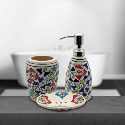 Old Edge Hand-Painted Ceramic Bathroom Accessory Set – 3-Piece Multicolor Set with Soap Dispenser, Toothbrush Holder & Soap Dish