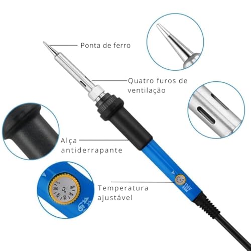 Ferro De Solda 60w com Regulagem de Temperatura Profissional + 6 Pontas Suporte e Esponja (127, Volt