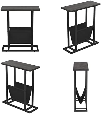 YUSONG H Narrow Side Table with Magazine Fabric Storage, Vintage Narrow End Table, Nightstand Modern Industrial Side Table Sofa End Table for Living Room, Bedroom, Grey Oak