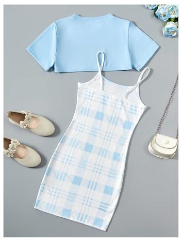 Girl's Cute 2 Piece Outfits Plaid Cami Dress with Short Sleeve Crop Top Summer Sets2