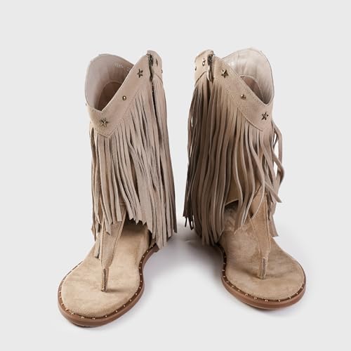 Image of Women's Bohemian Tassel Gladiator Sandals Brown Suede Thong Flip Flops for Fringe Summer Wedge Heel Sandal with Rivets Western Shoes