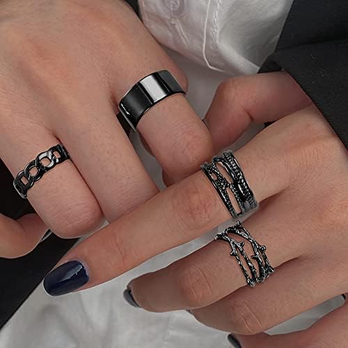 LOLIAS 16PCS Gothic Punk Chain Finger Rings Set for Women Men Y2K Black Silver Stackable Rings Snake Chain Rings Open Adjustable Knuckle Emo Rings Punk Gothic Jewelry