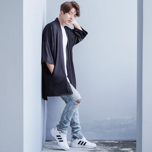 Men's Long Oversized Kimono Cardigan Noragi Street Jacket Haori Man Yukata Coat (Black) - Thumbnail 2