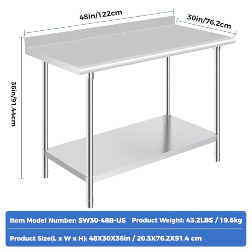 Image of OSTBA Stainless Steel Table for Prep & Work 30x48 Inches with Backsplash, NSF Metal Commercial Heavy Duty Table with Adjustable Undershelf and Table Foot for Restaurant Kitchen Home and Hotel