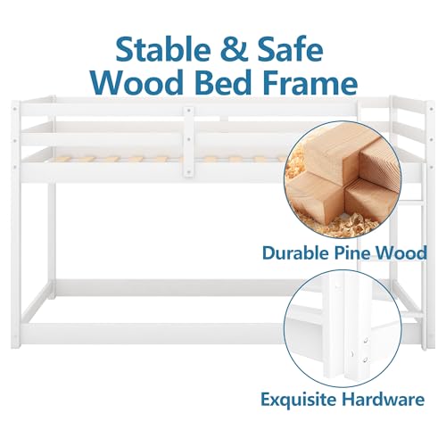 i-POOK Twin Over Twin Bunk Bed, Low Floor Twin Bunk Beds Frame with Ladder & Full-Length Guardrail for Childs, Dormitory and Bedroom, 400LBS Capacity, Easy Assemble, White