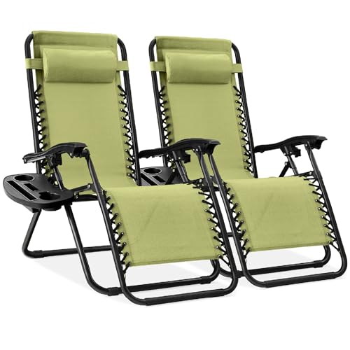 Best Choice Products Set of 2 Adjustable Steel Mesh Zero Gravity Lounge Chair Recliners w/Pillows and Cup Holder Trays - Dusty Green/Black