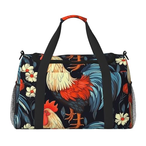 Rooster Flower Duffle Bag for Travel farm Chick Sports Gym Tote Carry On Bag Large Shoulder Weekend Overnight for Workout