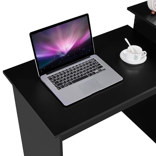 Miniatura 8 de Yaheetech Mesa De Ordenador Con Cajon 107,5x50x82cm Escritorio Para Oficina Con Estantería Escritorio Estilo Moderno Para Computadora Negro Brillo Gran Capacidad De Almacenaje,
