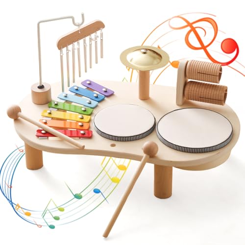 Promise Baby Musical Instruments, Wooden Percussion Instruments for Kids Drum Set Xylophone, Montessori Preschool Educational Toddler Musical Toys, Gifts for Girls Boys