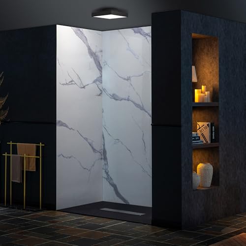 WOODBRIDGE 60\" W x 96\" H 3-Piece Solid Surface Tile Tub and Shower Wall Panel Surround Kit in Carrara White, 3.5 mm thick, Quick Install and Trimmable