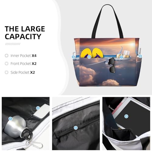 Beautiful Sky Airplane Extra Large Tote Bag For Women,Foldable Beach Bag With Pocket Weekender Travel Overnight Bag3