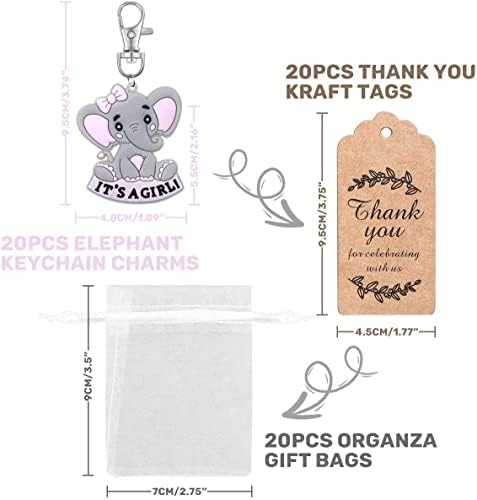 iZoeL 20 Sets It's a Girl Baby Shower Return Favors for Guests, Pink Baby Elephant Keychains + Organza Bags + Thank You Kraft Tags for Elephant Theme Party Favors, Girls Kids Party Supplies