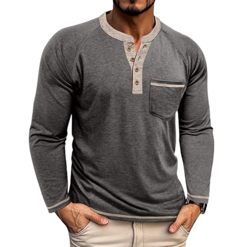 Mens Henley Shirts Long Sleeve Casual Button Basic T-Shirts Classic Vintage Tee Shirts with Pocket Darkgrey