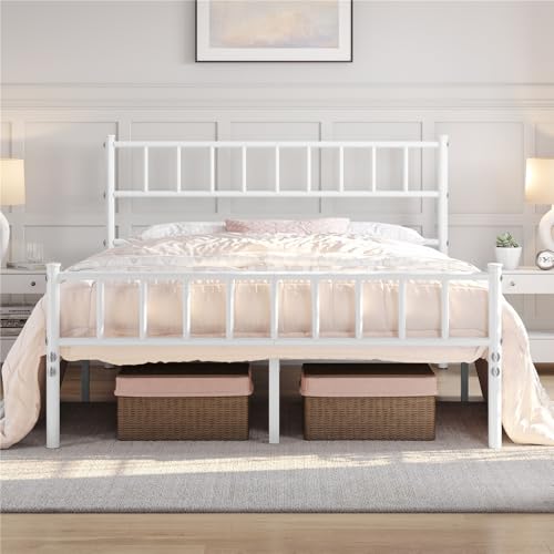 Yaheetech Cadre de Lit Double en Métal 160x200 cm pour Adultes Grande Espace en Lattes Blanc