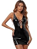 SheIn Women's Sexy PU Lace Up Deep V Neck Club Dress Slim Bodycon Mini Party Dress with Thong Black...
