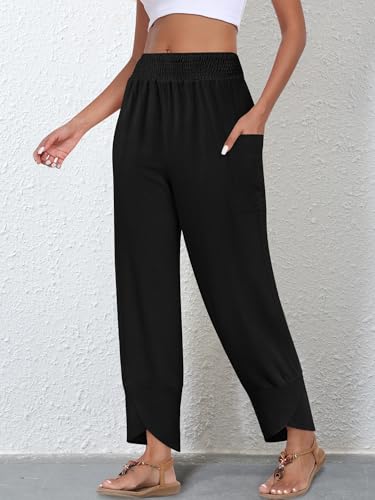 Women's Summer High Waisted Baggy Pants Wide Leg Linen Pants Casual Ankle Length Trouser Slacks with Pockets3