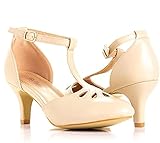 Bellmora Women's Jamie-01 Vintage Round Toe T-Strap Mary Jane Costume Dress High Heel Swing Shoe with Sexy 3' Heel for Every Flapper (Nude, 6.5 M US)