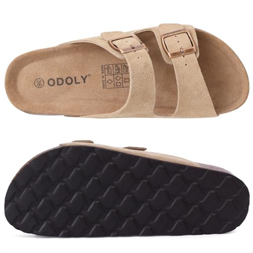 Image of ODOLY Unisex Comfortable Cork Footbed Slide Sandals with Arch Support | Adjustable Buckle, Lightweight Summer Sandals for Travel and Everyday Wear