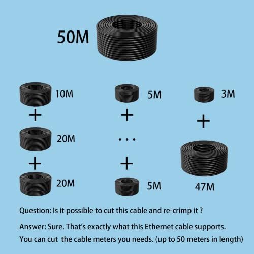 CAT6 Ethernet Cable 50m Outdoor & Indoor, Waterproof Internet Cable Reel, Extra Long High Speed Bulk Network Cable 50m, Gigabit Data Internet Connection, Black LAN Cable 50 Meter