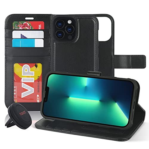 navor Universal Car Mount & Detachable Magnetic Wallet Case with Wrist Strap Compatible with iPhone 13 Pro Max [6.7 inch] [Folio], RFID Protection Kickstand -Black