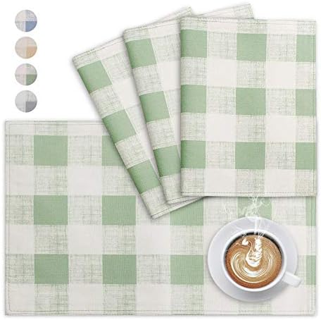 VCVCOO Cloth Placemats Set of 4, Green Buffalo Plaid Placemats Washable for Dining Table,Heat Resistant Checked Kitchen Table Mats Easy to Clean 13 by 19 inches