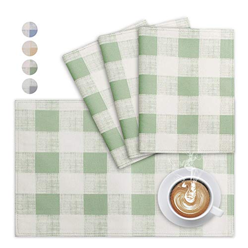Vcvcoo Cloth Placemats Set Of 4, Green Buffalo Plaid Placemats Washable For Dining Table,Heat Resistant Checked Kitchen Table Mats Easy To Clean 13 By 19 Inches #TOP4