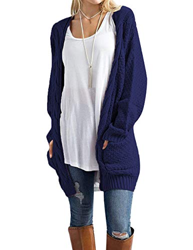 Traleubie Women's Boho Long Sleeve Open Front Chunky Warm Cardigans Pointelle Pullover Sweater Blouses Navy Blue S