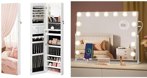 SONGMICS Jewelry Cabinet, Makeup Mirror, Arched Hanging Mirror, with Charging Ports, Cloud White UJJC032W01 and ULWM001W01V1