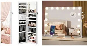 SONGMICS Gabinete para Joyas, Espejo de Maquillaje, Espejo Colgante Arqueado, con Puertos de Carga, Blanco Nube UJJC032W01 y ULWM001W01V1