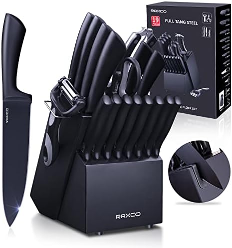 Knife Set Black,RAXCO Knives Set For Kitchen Full Tang Steel Steak Knife Set(8)+Chef's Knives(6),Kitchen Shears(19-in-1)