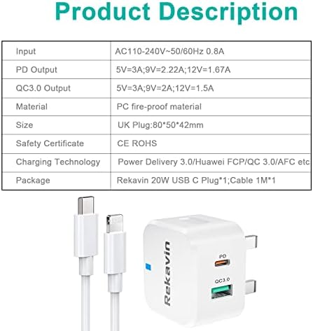 USB C Plug,Fast Charger Plug and Cable for iPhone USB C to Lightning Lead with Plug 20W Charging for iPhone 14/14 Pro/13/13 Pro/13 Pro Max/12/12 Pro/11 Pro/10/X,Type C Power Charge Adapter and Wire