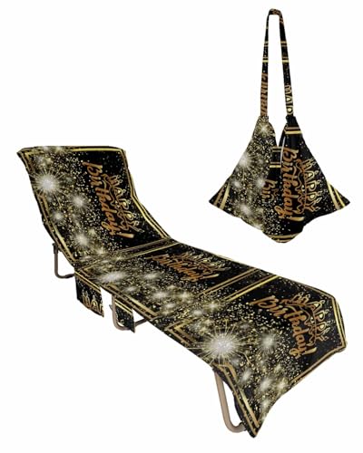 Gold Black Beach Chair Cover with Side Pockets, Microfiber & Quick Dry Pool Chaise Lounge Chair Towels Covers for Sun Sunbathing Patio Garden Hotel, Happy Birthday Boho Dots