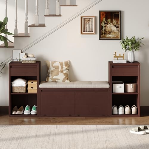 SOFTSEA All-in-One Entryway Storage Bench with Cushion, Compartments, Drawers and Open Shelves, Farmhouse Storage Bench for Hallway, Mudroom, Living Room, Espresso