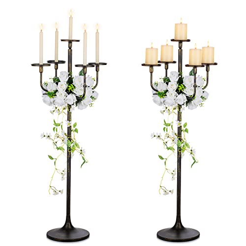 Sziqiqi Candelabro Pie para Centro de Mesa: 2 Piezas Portavelas Negros de 122 cm de Altura para Columna Cónicas - Candelabro Extra Grande de 5 Brazos para Halloween Navidad Fiestas Decoración Gótica