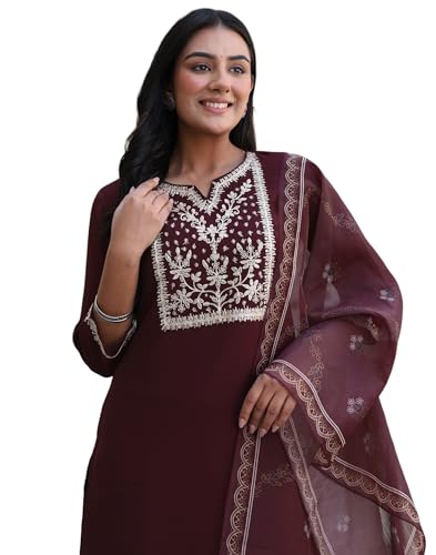 Image of SKYLEE Rayon Chikankari Embroidery Anarkali Kurta Set with Dupatta